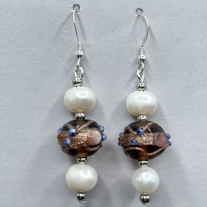 Artisan 925 Sterling Silver Vintage Murano Wedding Cake Pearls Dangle Earrings